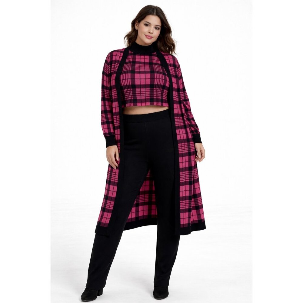 💖 Curvy Girl Pink Black Plaid 2-Piece Set 1X Crop Top & Cardigan 💖